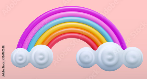 3d cartoon rainbow with white clouds on pink background. Minimal realistic design art element. Funny children toy. Glossy sweet decoration. Vector illustration.