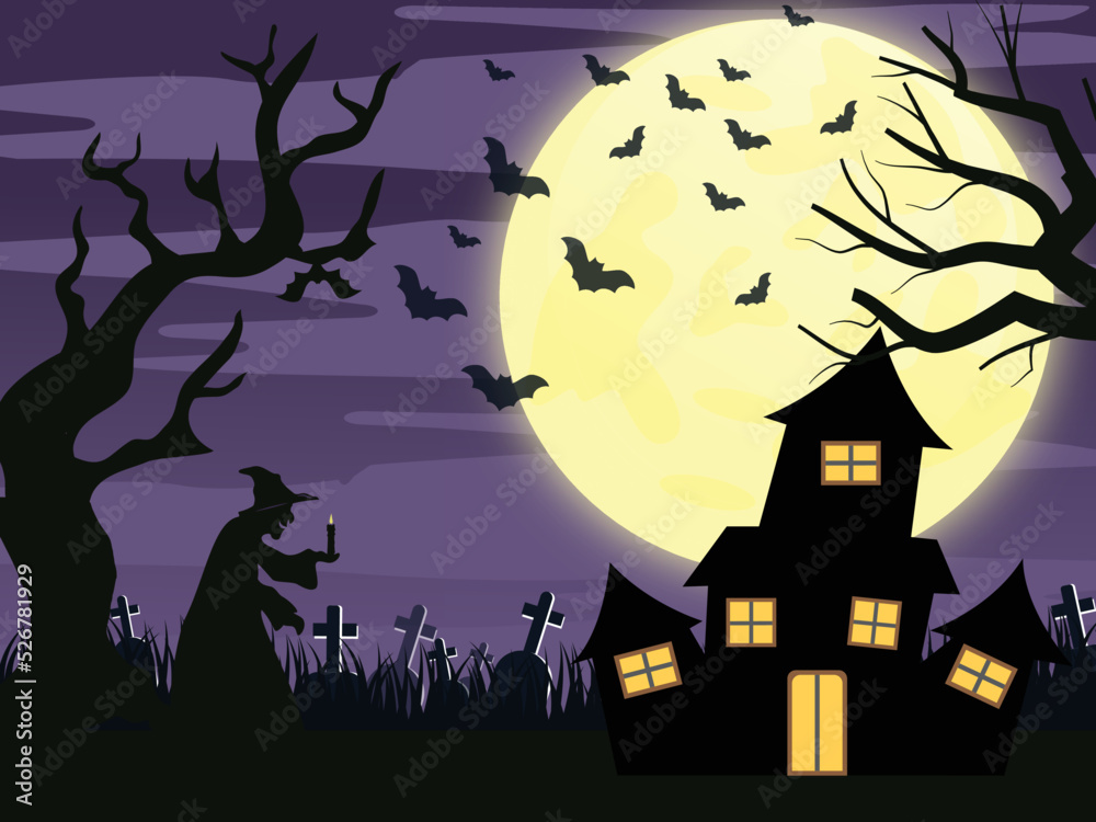 Witch, trees, grave and haunted house on a full moon night background.