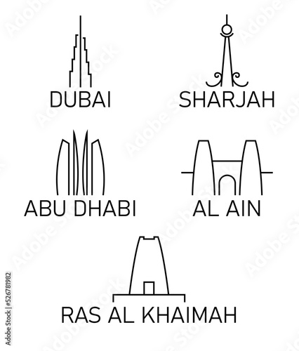 United Arab Emirates cities minimalistic logos, Dubai, Sharjah, Abu Dhabi, Al Ain, Ras Al Khaimah