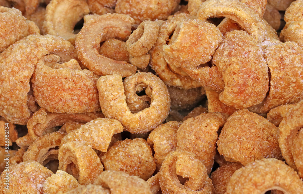 Pork rinds (in Spanish Chicharrones) made of pork skin Stock Photo Adobe Stock