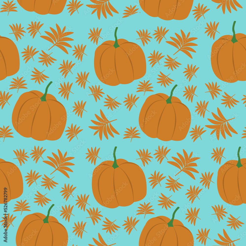 illustration of a seamless pattern of pumpkins and autumn leaves as a background for gift wrapping, a print for clothes and utensils, the concept of autumn and the holiday of halloween.  banners 
