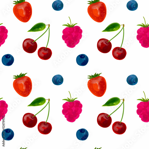 Seamless pattern with berry illustration of strawberries, cherries and blueberries on a white background