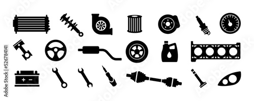 Auto parts. Car spare parts. Set of vector black icons. Big set of spare parts. Vector clipart isolated on white background. photo