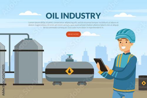 Oil or Petroleum Industry Landing Page with Man Character in Blue Uniform and Tank with Chemical Vector Template