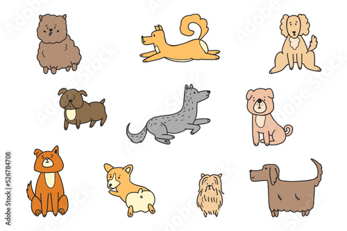 Cute dogs doodle vector set. Collection of dog and puppy characters in different poses in doodle style isolated on white background.