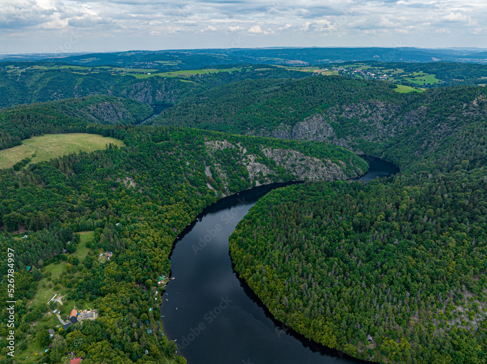 Czechia. Vltava River Aerial View of Czech Republic, Krnany, Europe. Central Bohemia, Czech Republic. View from Above near Vyhlidka Maj Viewpoint and Orlík Dam.
