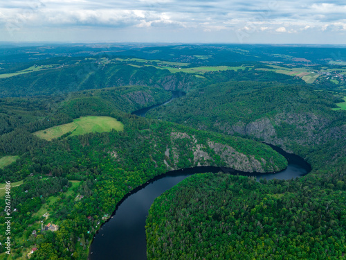 Czechia. Vltava River Aerial View of Czech Republic, Krnany, Europe. Central Bohemia, Czech Republic. View from Above near Vyhlidka Maj Viewpoint and Orlík Dam. photo