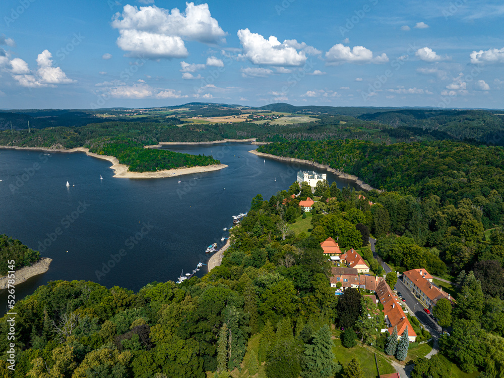 Czechia, Orlik Castle and Vltava River Aerial View. Czech Republic. Beautiful Summer Green Landscape with Orlík Water Reservoir and Boats. View from Above. 