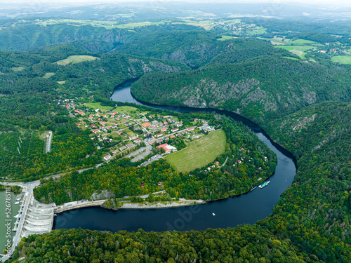 Czechia. Vltava River Aerial View of Czech Republic, Krnany, Europe. Central Bohemia, Czech Republic. View from Above near Vyhlidka Maj Viewpoint and Orlík Dam. photo