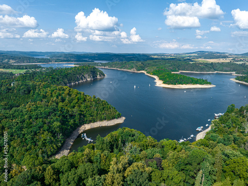 Czechia, Orlik Castle and Vltava River Aerial View. Czech Republic. Beautiful Summer Green Landscape with Orlík Water Reservoir and Boats. View from Above. 