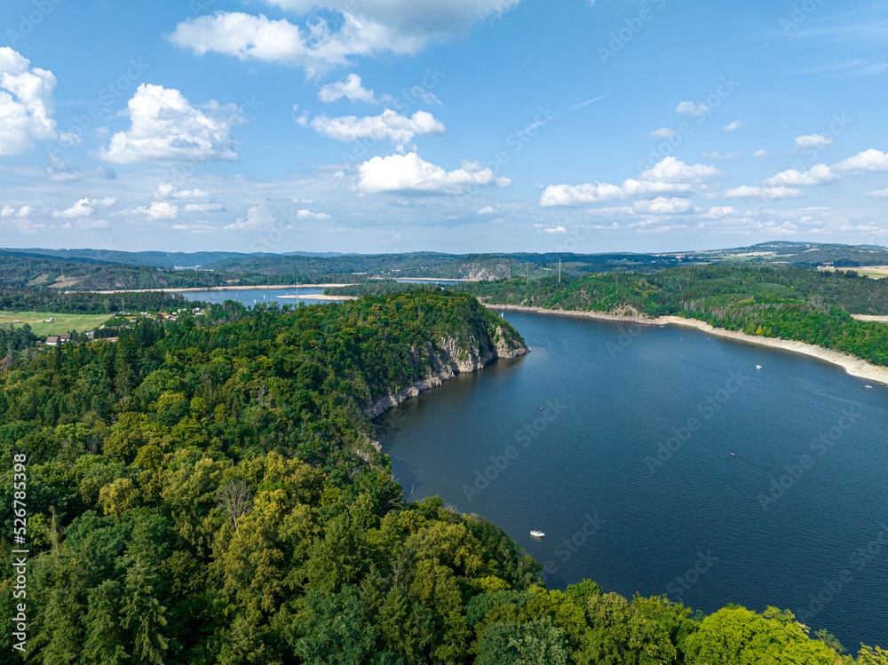 Czechia, Orlik Castle and Vltava River Aerial View. Czech Republic. Beautiful Summer Green Landscape with Orlík Water Reservoir and Boats. View from Above. 