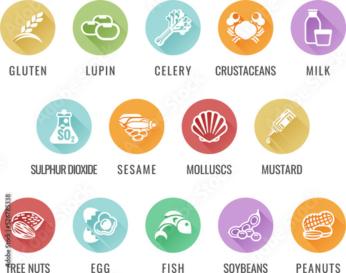 Konstfotografi Food allergy icons including the 14 allergies outlined by the EU Food Informatio