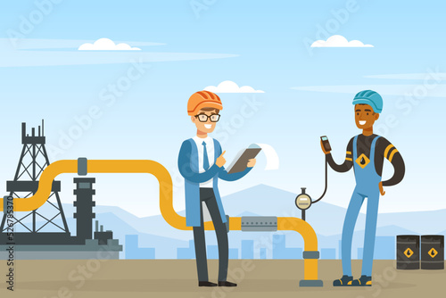 Oil or Petroleum Industry with Man Character in Blue Uniform Working with Pipeline Vector Illustration