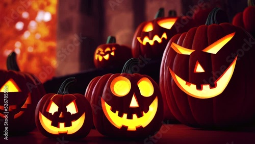 An animated halloween style illustration of multiple carved Jack O'Lantern Pumpkins with various facial expressions flickering with light against an orange autumn background. A.I. generated art.