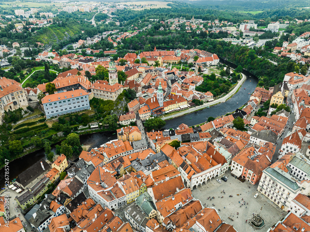 Czechia. Cesky Krumlov. A beautiful and colorful historical Czech town. The city is UNESCO World Heritage Site on Vltava river. Aerial view from drone. Czech, Krumlov. Europe. 