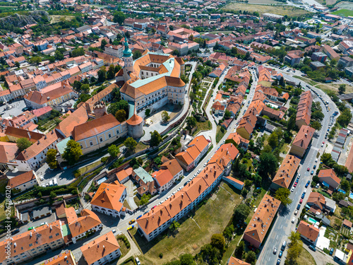 Mikulov. Aerial View of Old Town Castle and Powder Tower in Mikulov, Czech Republic, Europe. 