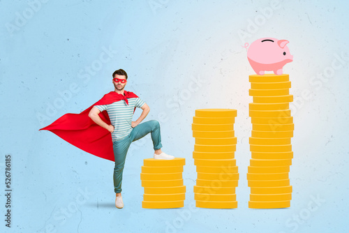 Fotografie Composite collage image of confident superman pile stack money coins pig bank is