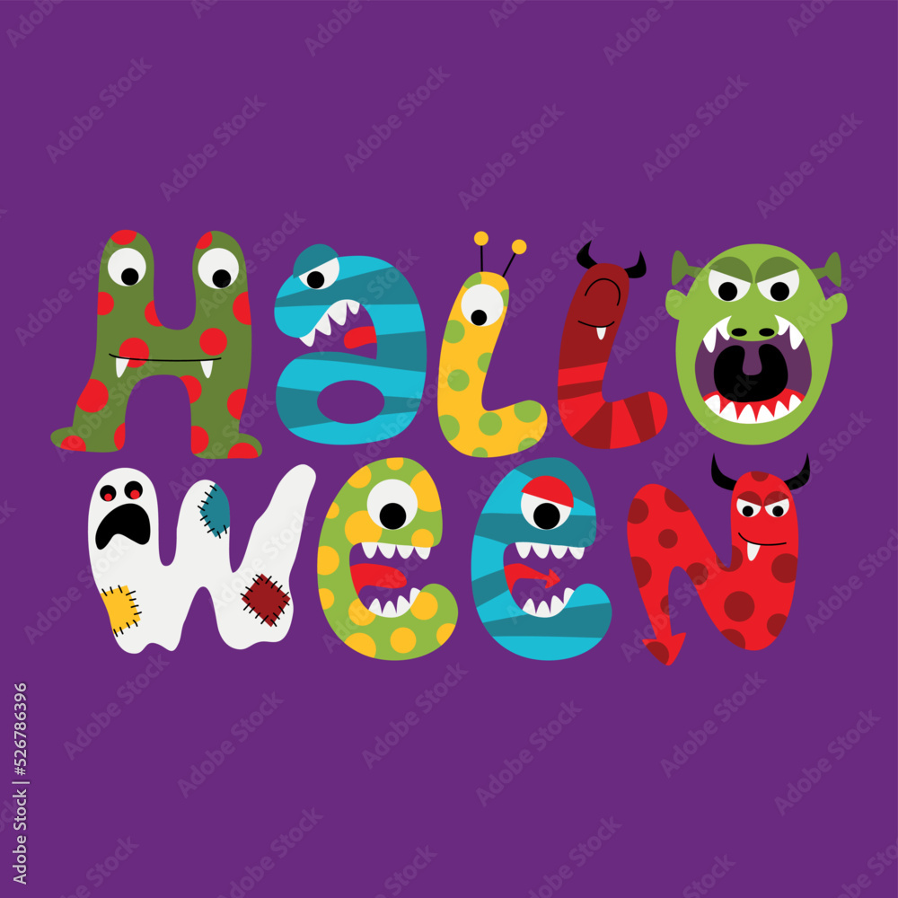 Handmade Halloween word, monsters alphabet illustration