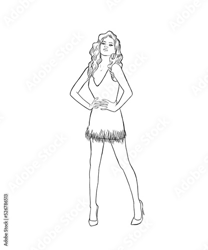 A young woman with long wavy hair stands and poses. A slender girl in a cocktail short dress and high-heeled shoes. Illustration