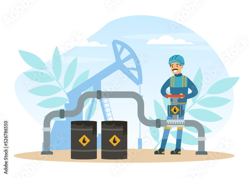 Oil or Petroleum Industry with Man Character in Blue Uniform Working with Pipeline Vector Illustration