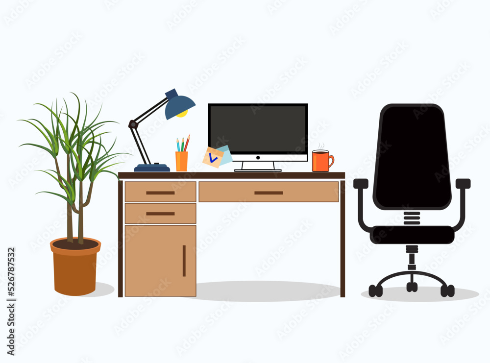 Office workplace with table, chair, flower Office workplace with table, chair, flower