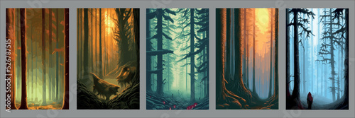 Slika na platnu set vertical backgrounds dark twilight forest with fogs twilight vector illustration
