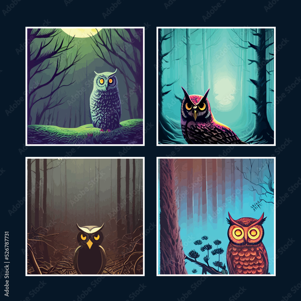Owl. Realistic bird on dark moon forest background. Vector illustration ...