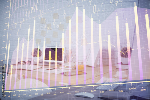 Multi exposure of stock market chart drawing and office interior background. Concept of financial analysis. © peshkova