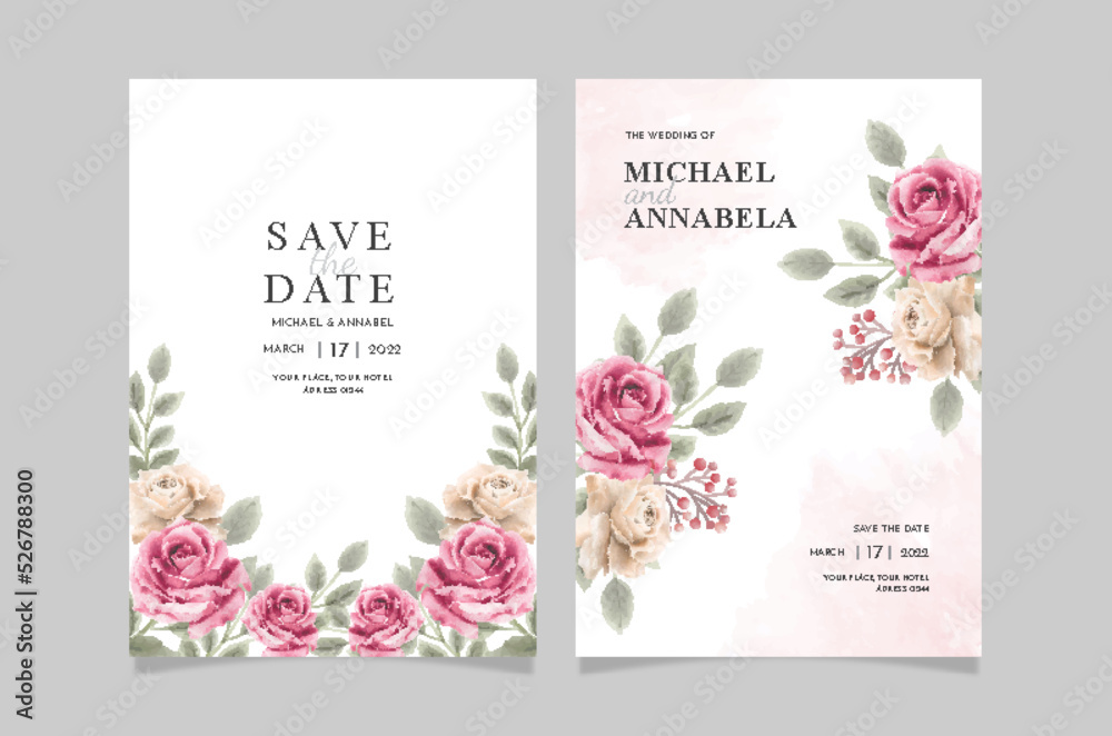 Set of card with pink flower rose and leaves. Wedding ornament concept. Floral poster invitation. Vector decorative greeting card or invitation design background