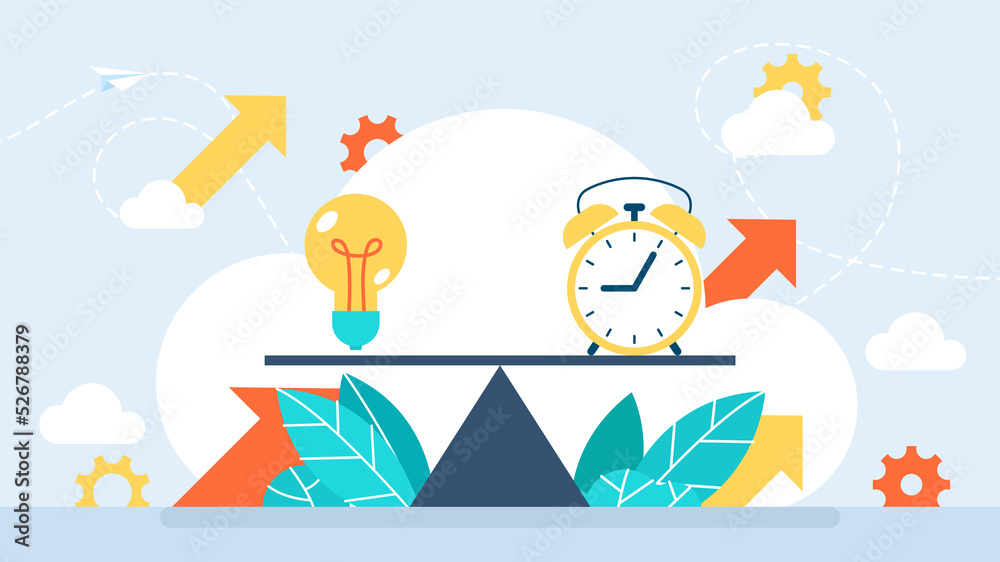 Balance between time and cost of an idea. Payment of creativity. Mechanical scales with clock and light bulb in pans. Idea value, solution and expenses balance. Flat style. Illustration