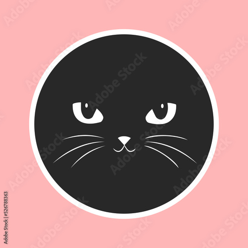 Lovely cat face on black circle as sticker for design your logo, icon, sign, clothes, accessories, website, application or social network communication. Cute black kitten as sticker, print or pattern.