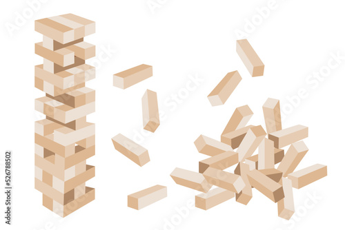 Jenga game. Wooden cubes block puzzle. Brick element tower and collapsed pile. Sketch vector 3d illustration photo