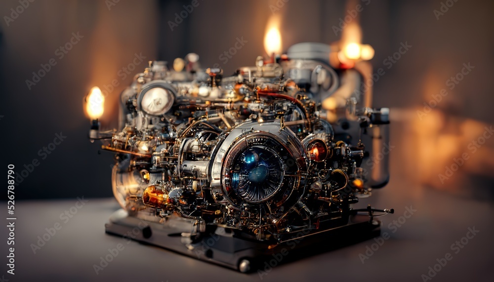 The powerful engine of a car. Internal design of engine. Car engine part. Modern powerful car engine.  3d render, Raster illustration.