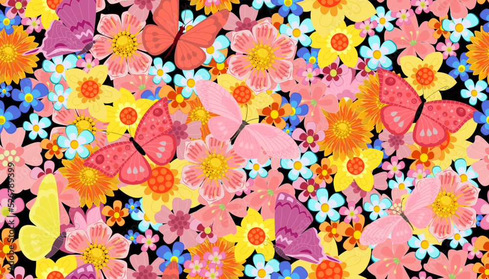 fashion seamless texture with blooming field and flying butterfl