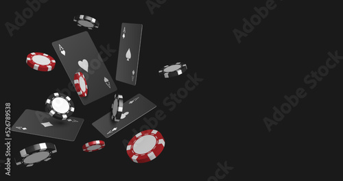 Playing chips and poker cards on dark background, Poker game casiono online, web background template, vector illustration