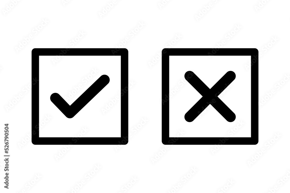 Check mark and cross or x icon in flat style on white background Check mark and cross or x icon in flat style on white background
