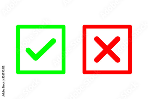 Check mark and cross or x icon in flat style on white background