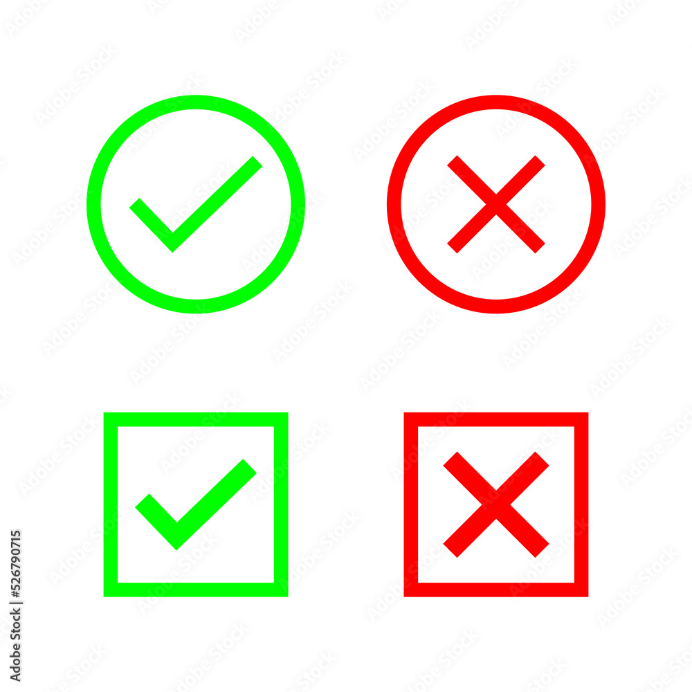 A colection of web button variants: green check mark and red cross. Many options, Vector icons. A colection of web button variants: green check mark and red cross. Many options, Vector icons.