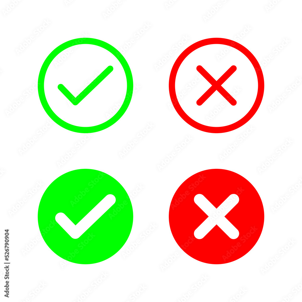 A colection of web button variants: green check mark and red cross. Many options, Vector icons. A colection of web button variants: green check mark and red cross. Many options, Vector icons.