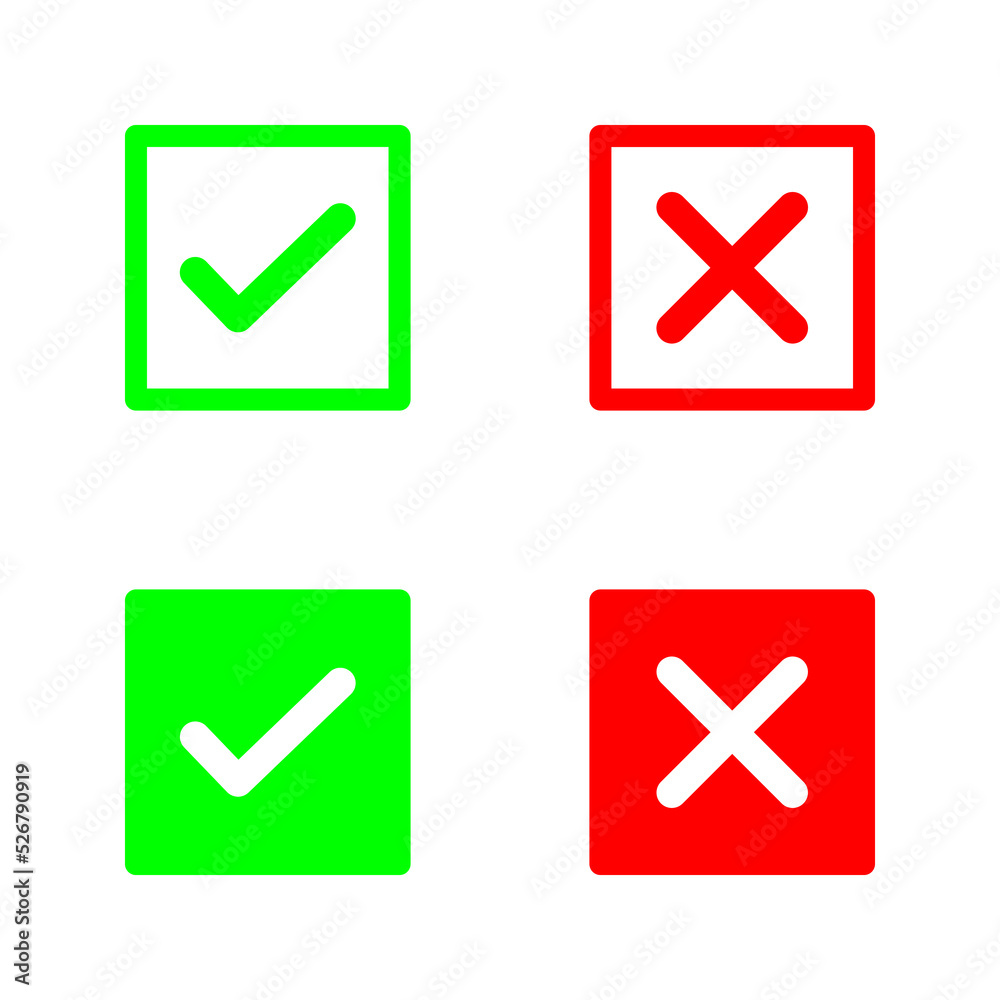 A colection of web button variants: green check mark and red cross. Many options, Vector icons. A colection of web button variants: green check mark and red cross. Many options, Vector icons.