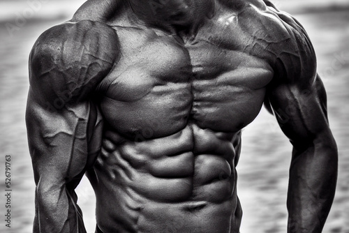 Close up on perfect abs. Strong bodybuilder with six pack. Fitness concept. 3D illustration.