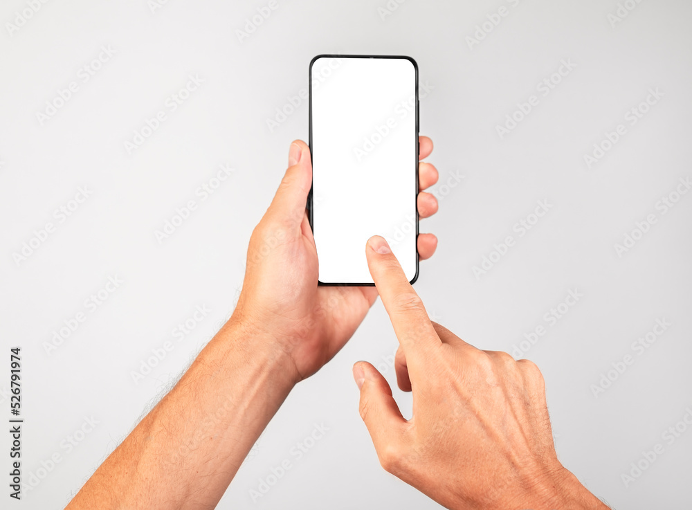 Forefinger clicking ok at phone mockup. Woman holding template with blank display in vertical position. Empty space for adding content