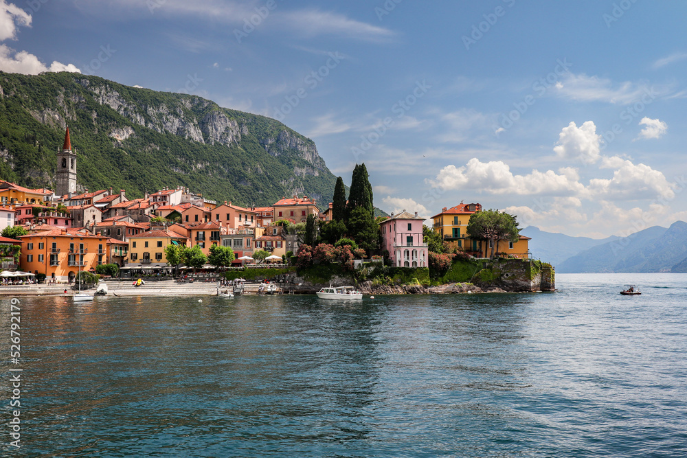 Picturesque Colorful Town at Lake Como. Scenic View of Varenna in Lombardy. Italian Comune surrounded by Mountains in Europe.