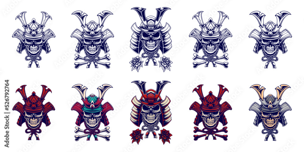 Naklejka premium Samurai helmet vector design illustration set bundle