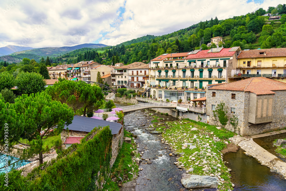 Houses next to the river Ter in the mountains of the province of Gerona in the city of Camprodon, Catalonia.
