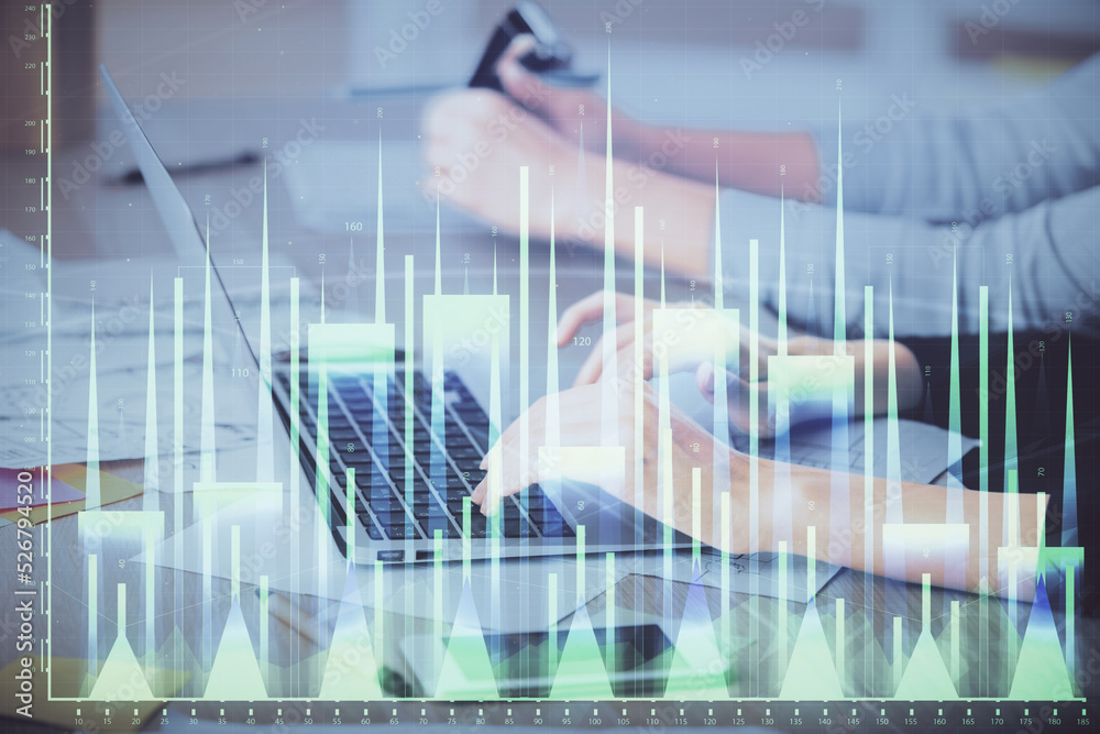 Multi exposure of woman hands typing on computer and financial chart hologram drawing. Stock market analysis concept. Multi exposure of woman hands typing on computer and financial chart hologram drawing. Stock market analysis concept.