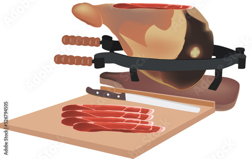 cutting board with slices of raw ham and knife-