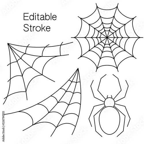 Set of spider, round, corner web spiders with editable stroke. Design template elements for Halloween design. Spooky, scary, horror halloween decor. Vector.