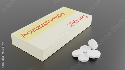 Acetazolamide tablets. Medication used to treat glaucoma, epilepsy, altitude sickness, periodic paralysis, idiopathic intracranial hypertension, urine alkalinization, heart failure. 3d illustration photo