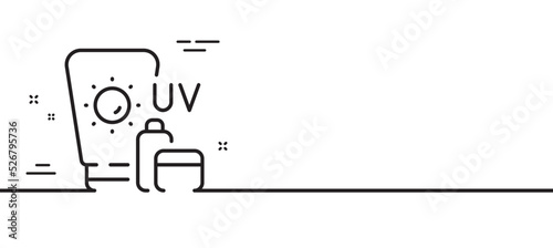 Sunscreen line icon. Uv Sun cream sign. Sunblock lotion symbol. Minimal line illustration background. Sunscreen line icon pattern banner. White web template concept. Vector